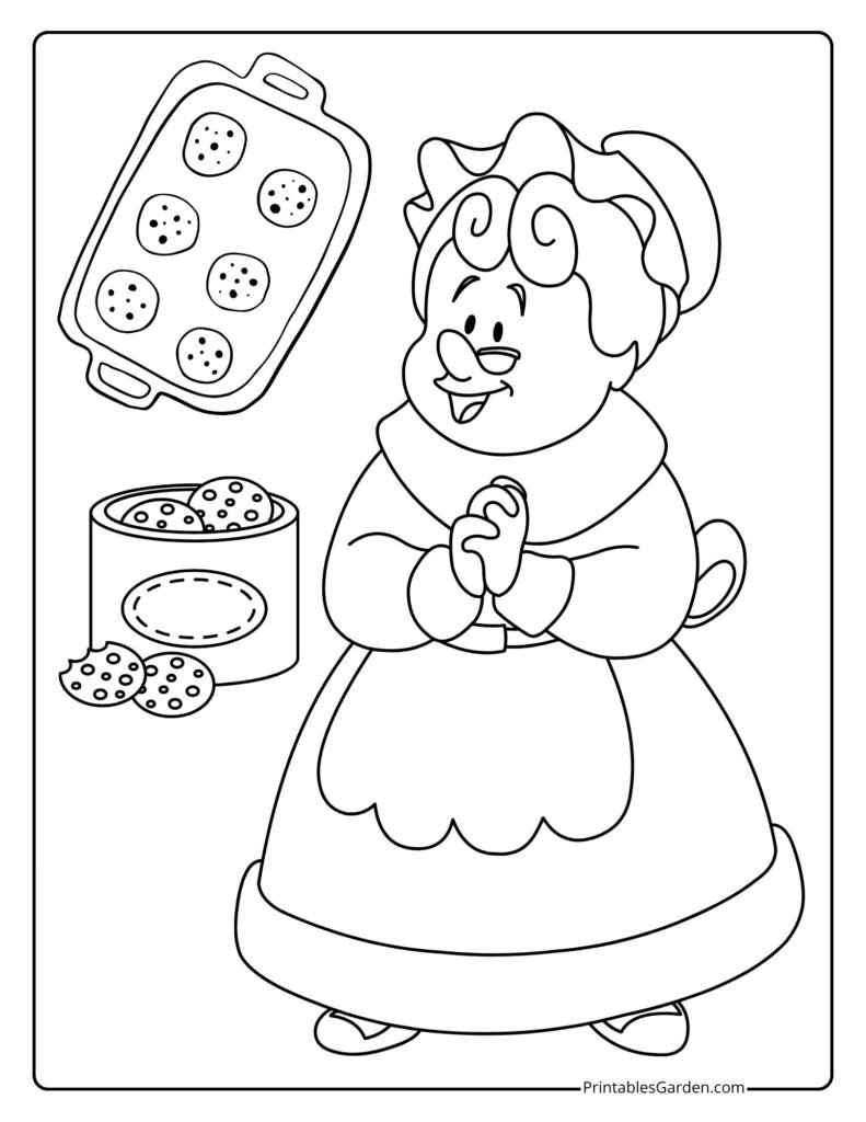 Mrs. Claus baking cookies with tray and jar | Printables Garden