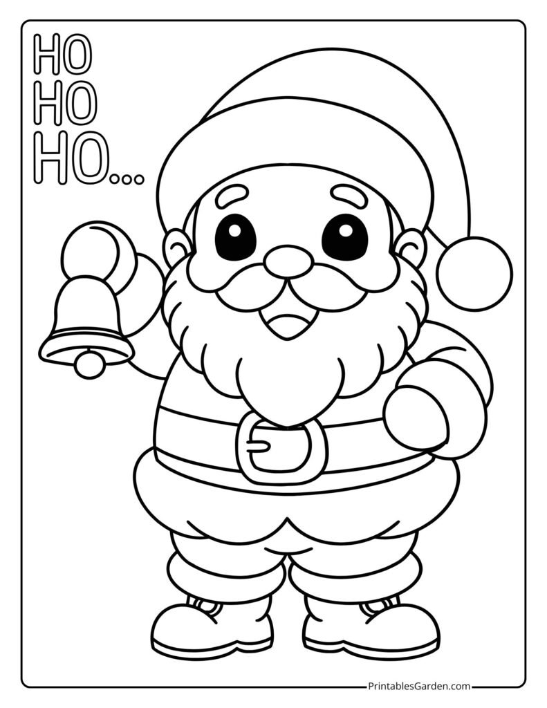 Cute Santa ringing a bell with “HO HO HO…” text | Printables Garden