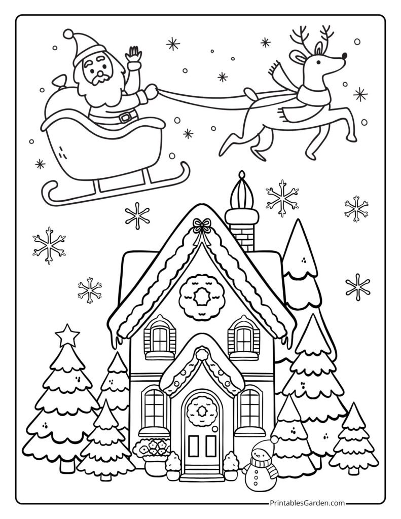 Santa coloring page with sleigh and reindeer over house | Printables Garden