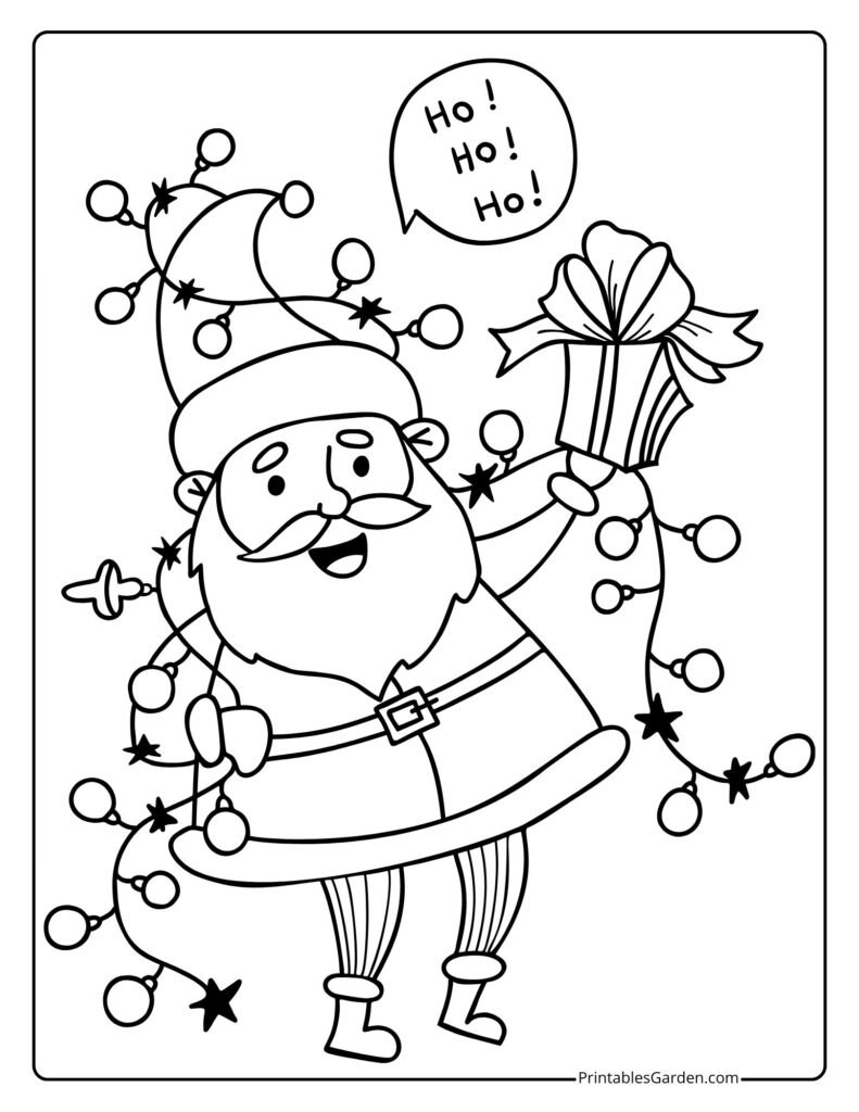 Santa coloring page tangled in lights with present | Printables Garden