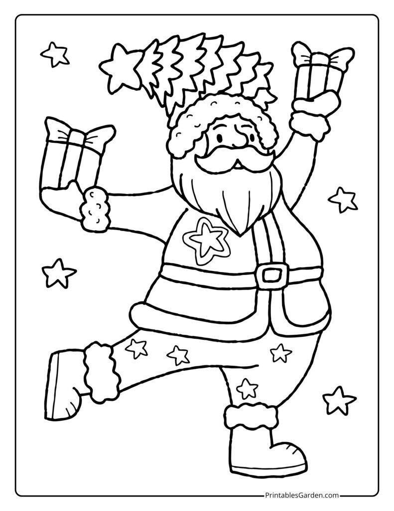 Santa dancing with two presents and star accents | Printables Garden