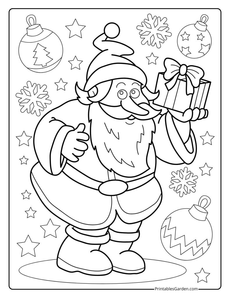 Santa holding present with snowflakes and baubles around | Printables Garden