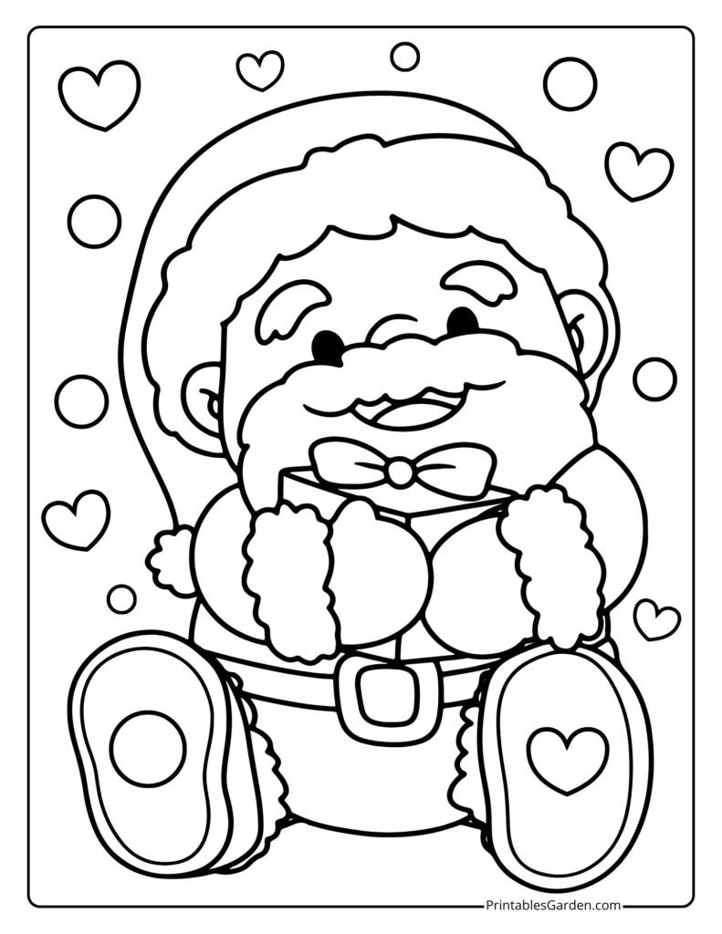 Kawaii baby Santa coloring page with gift and hearts | Printables Garden