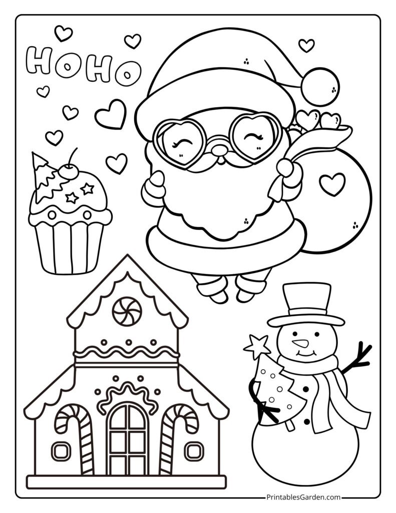 Cute Santa coloring page with heart glasses and house | Printables Garden