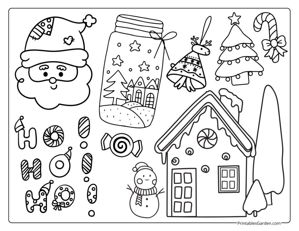 Santa coloring page with snow jar and gingerbread house | Printables Garden