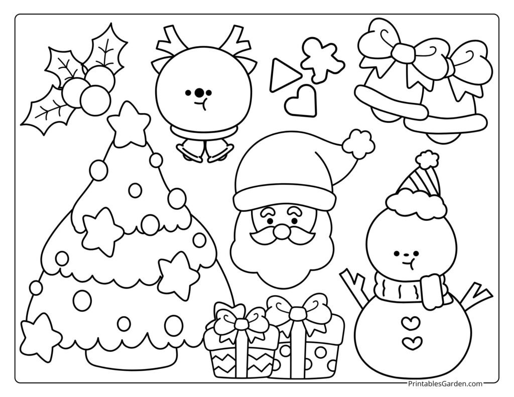 Santa coloring page stickers set with tree and snowman | Printables Garden