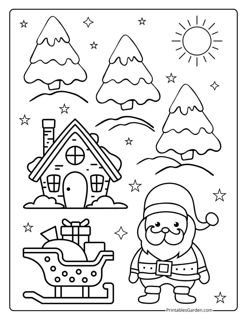 Santa, sleigh of gifts, winter house and fir trees | Printables Garden