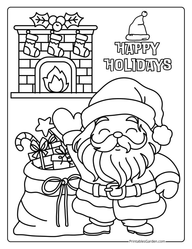 Santa with gift sack by cozy fireplace and stockings | Printables Garden