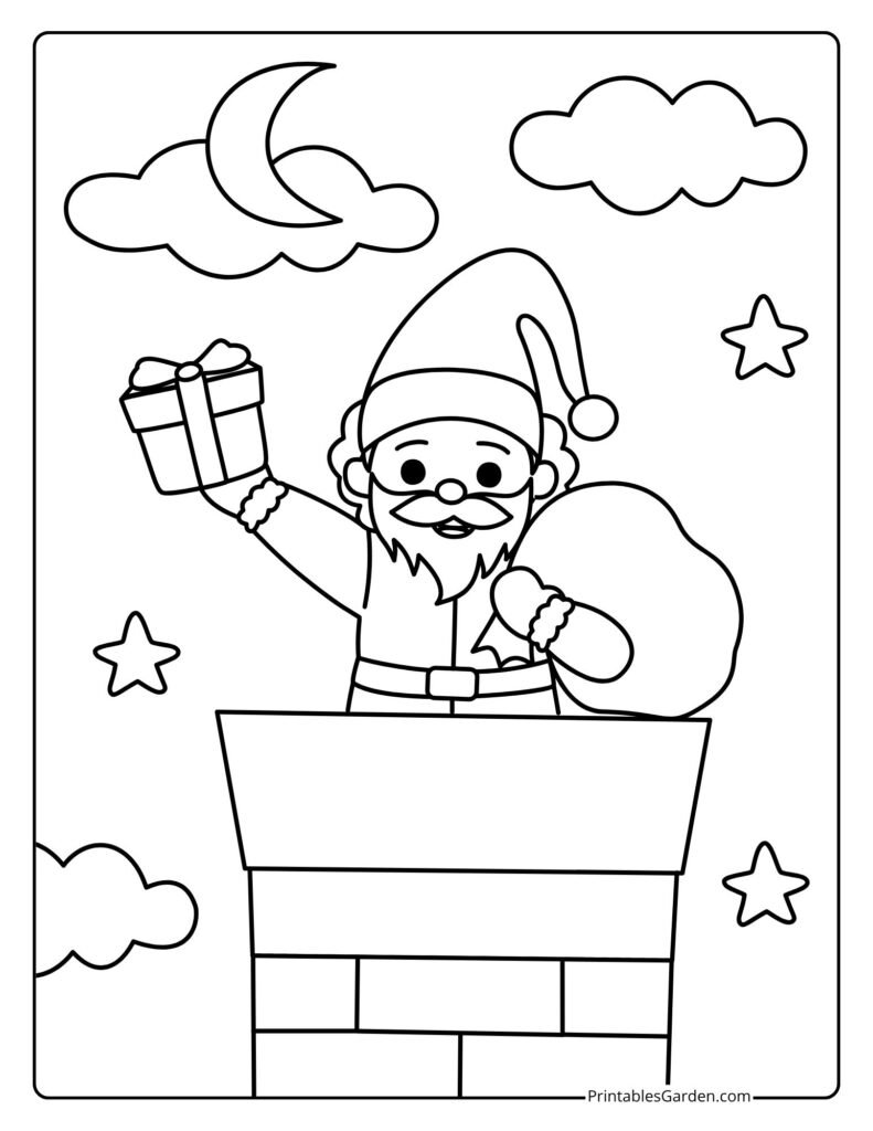 Santa popping from chimney holding gift at night | Printables Garden