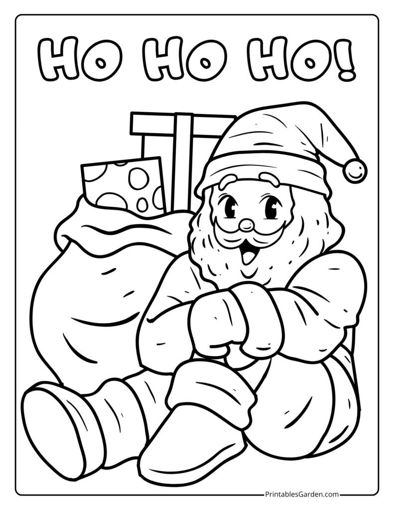 Santa sitting beside gift sack with “HO HO HO!” | Printables Garden
