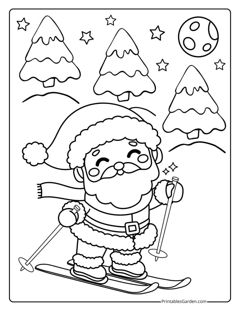 Santa coloring page skiing through winter forest | Printables Garden