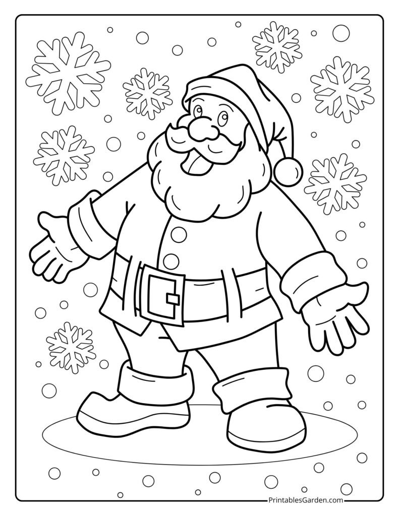 Classic Santa surrounded by falling snowflakes | Printables Garden