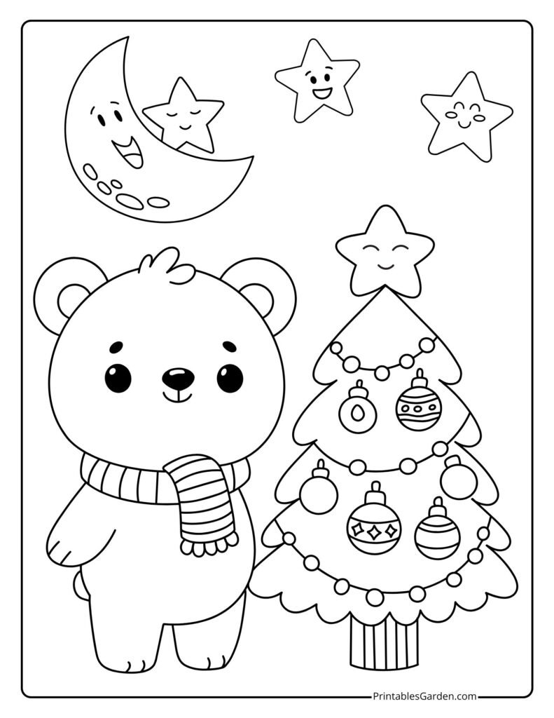 Bear with decorated Christmas tree under moon and stars | Printables Garden