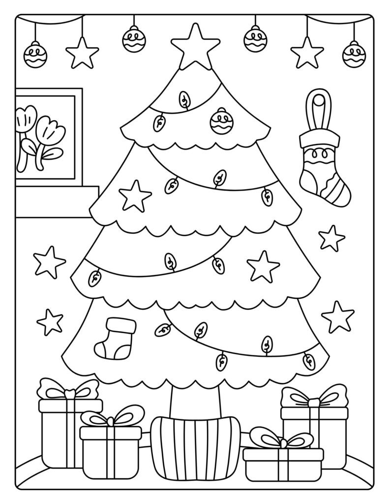 Christmas Tree Coloring Page — With Lights & Presents | Printables Garden