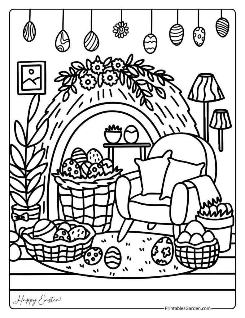 Easter egg coloring page indoor scene | Printables Garden